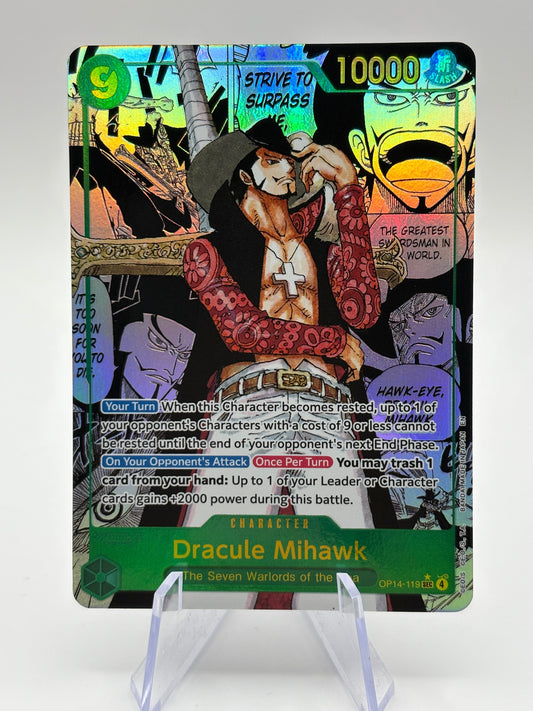 One Piece TCG OP14 - Dracule Mihawk OP14-119 Sec* Alternate Art Manga NM / M FRENLY BRICKS - Open 7 Days