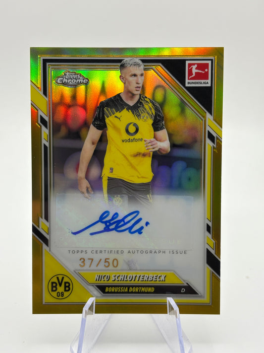 2025-26 Chrome Bundesliga Base Gold Refractor /50 Nico Schlotterbeck Auto FRENLY BRICKS - Open 7 Days