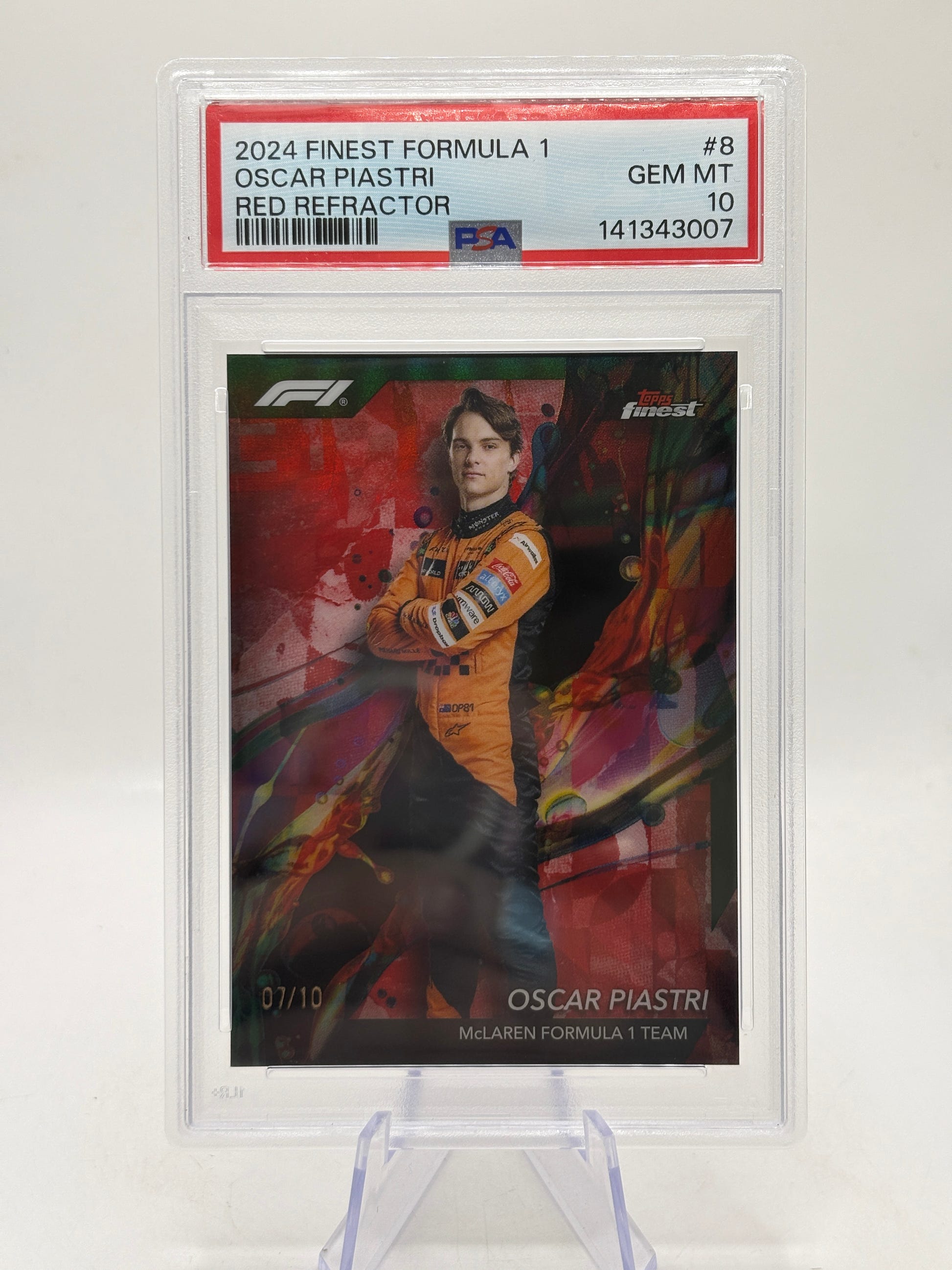 2024 Topps Finest Formula 1 #8 Oscar Piastri Red Refractor 07/10 PSA 10 image 1