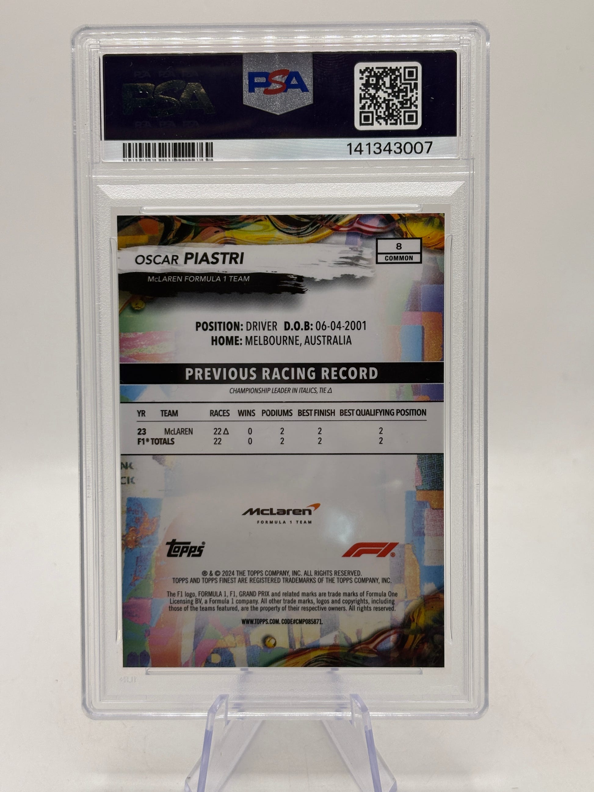 2024 Topps Finest Formula 1 #8 Oscar Piastri Red Refractor 07/10 PSA 10 image 2