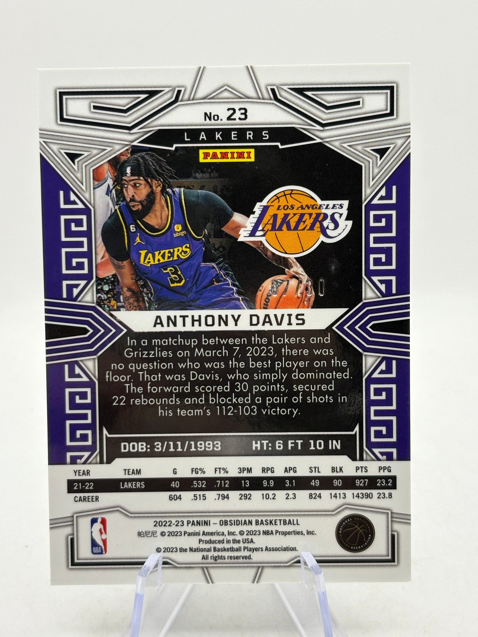 2022-23 Panini Obsidian Electric Etch Blue /30 Anthony Davis #23, photo 2 image 2