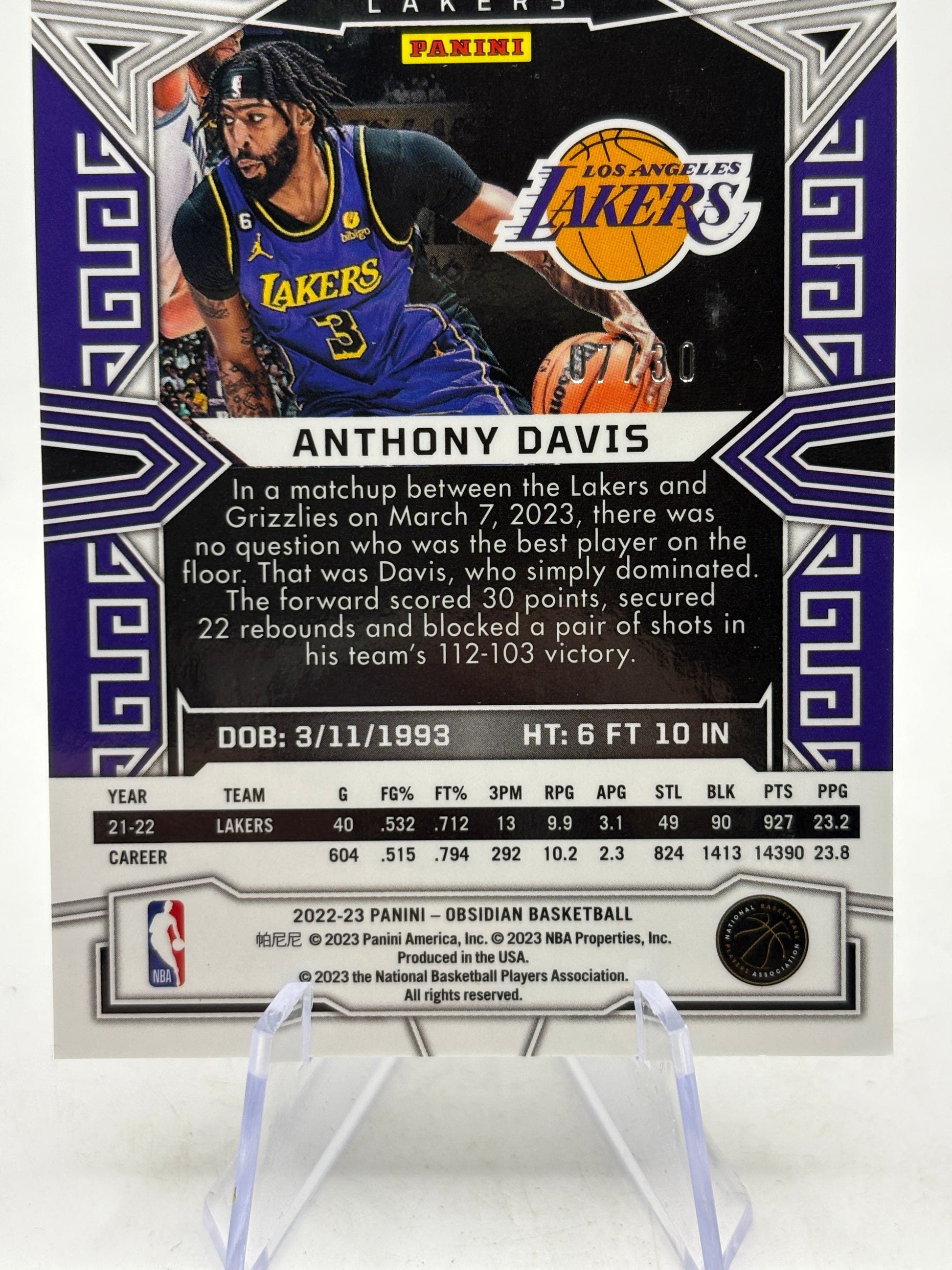 2022-23 Panini Obsidian Electric Etch Blue /30 Anthony Davis #23, photo 4 image 4