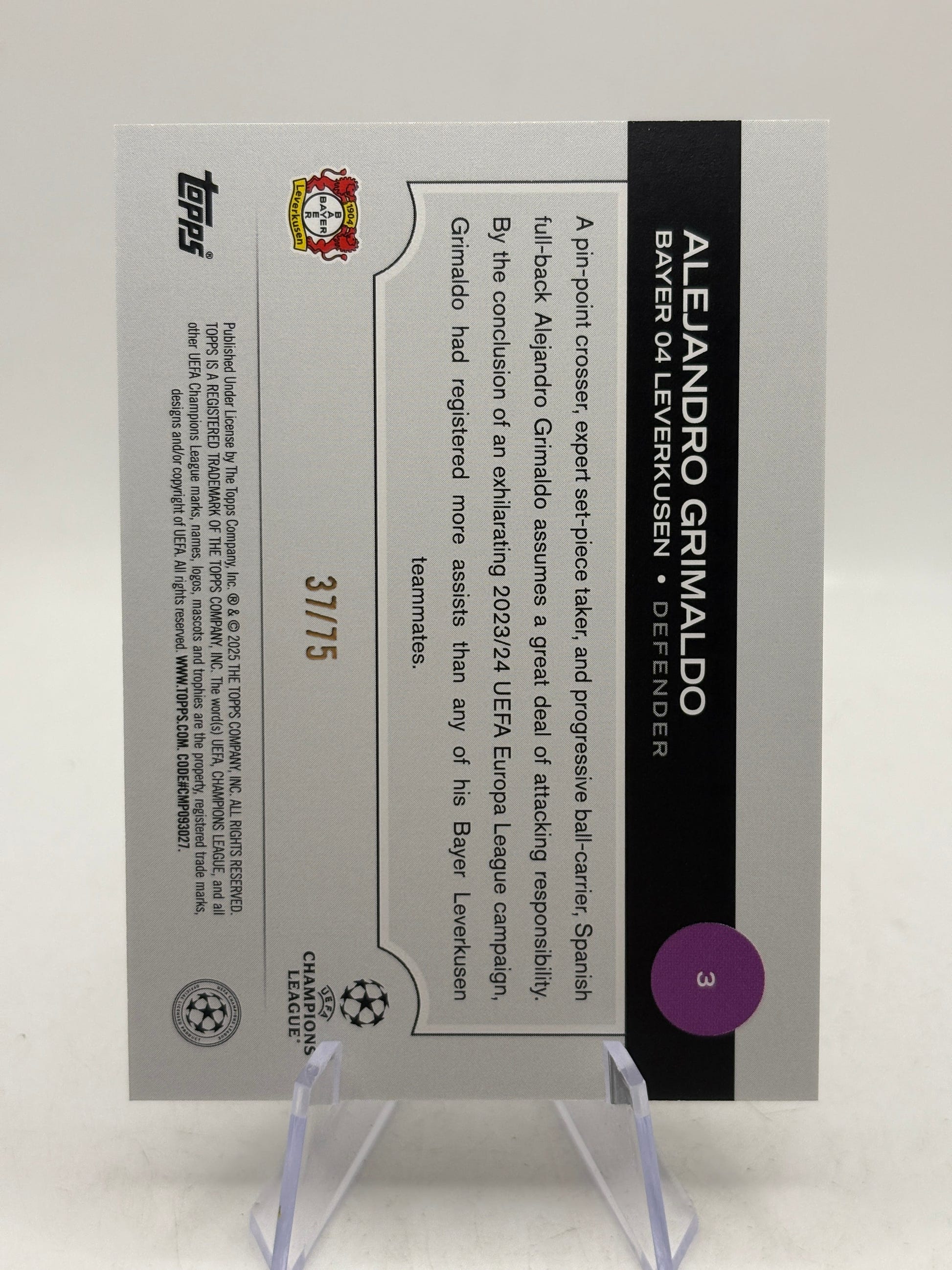 2024-25 Topps UEFA Club Competitions #3 Alejandro Grimaldo Icy Blue Foil #/75, photo 2 image 2