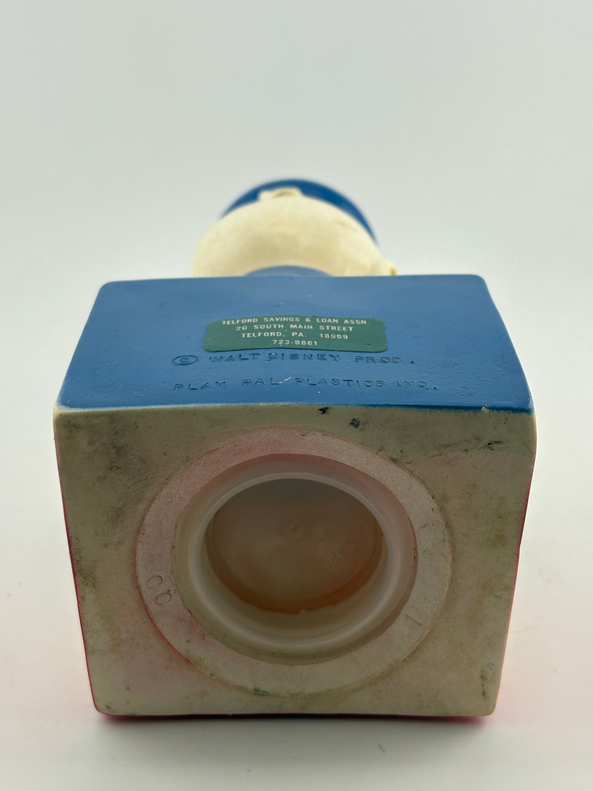 Vintage 1950's Walt Disney Productions DONALD DUCK 8" Plastic Coin Piggy Bank FRENLY BRICKS - Open 7 Days