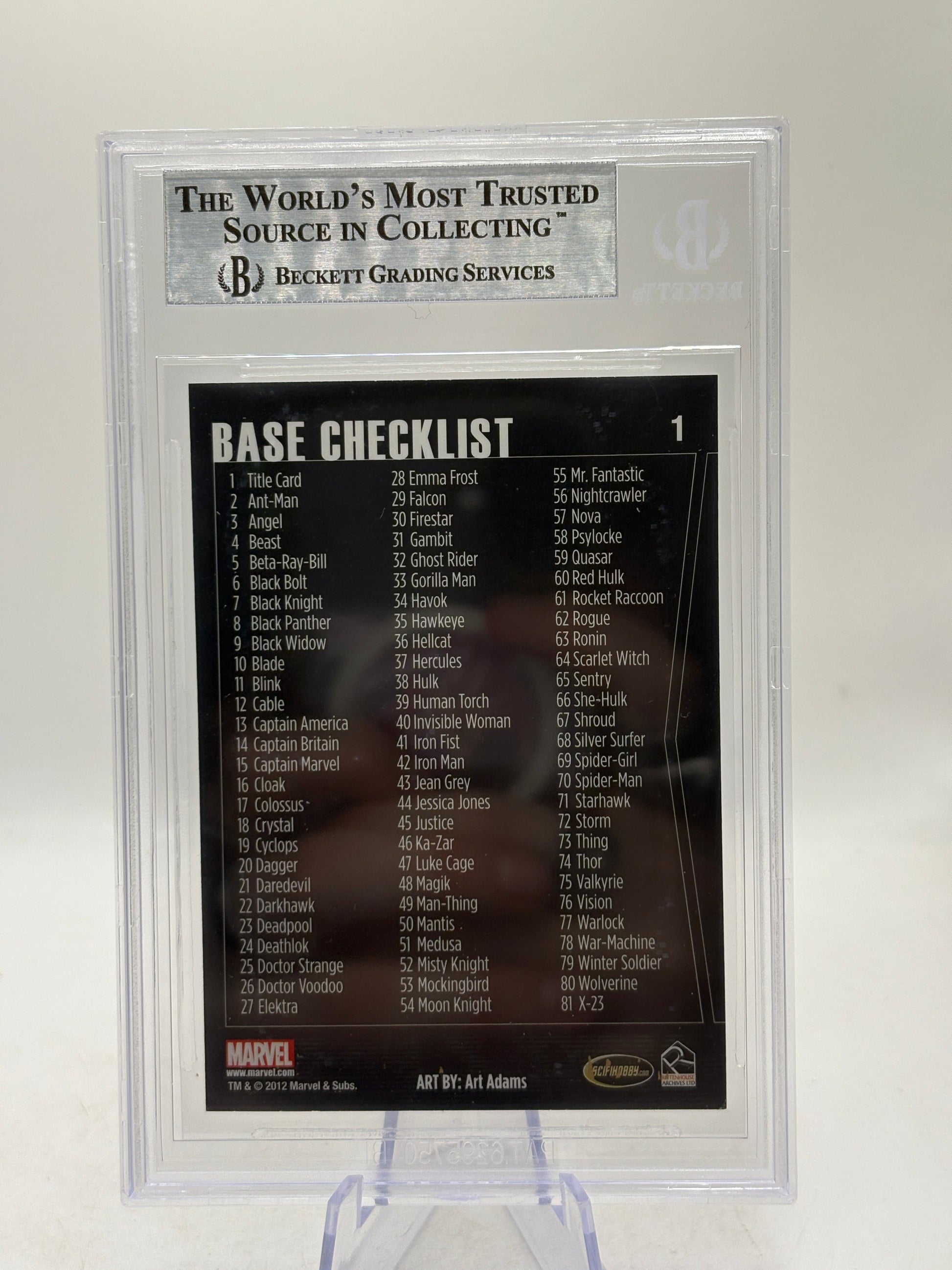 2012 Marvel Greatest Heroes #1 Base Checklist BGS 9 Mint FRENLY BRICKS - Open 7 Days