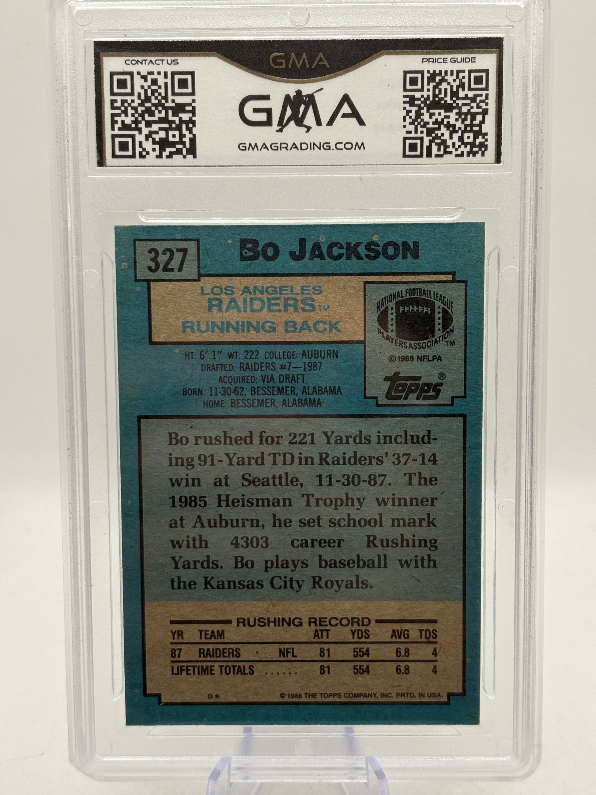 1988 Topps NFL Bo Jackson #327 Rookie Card GMA 10 Gem Mint
