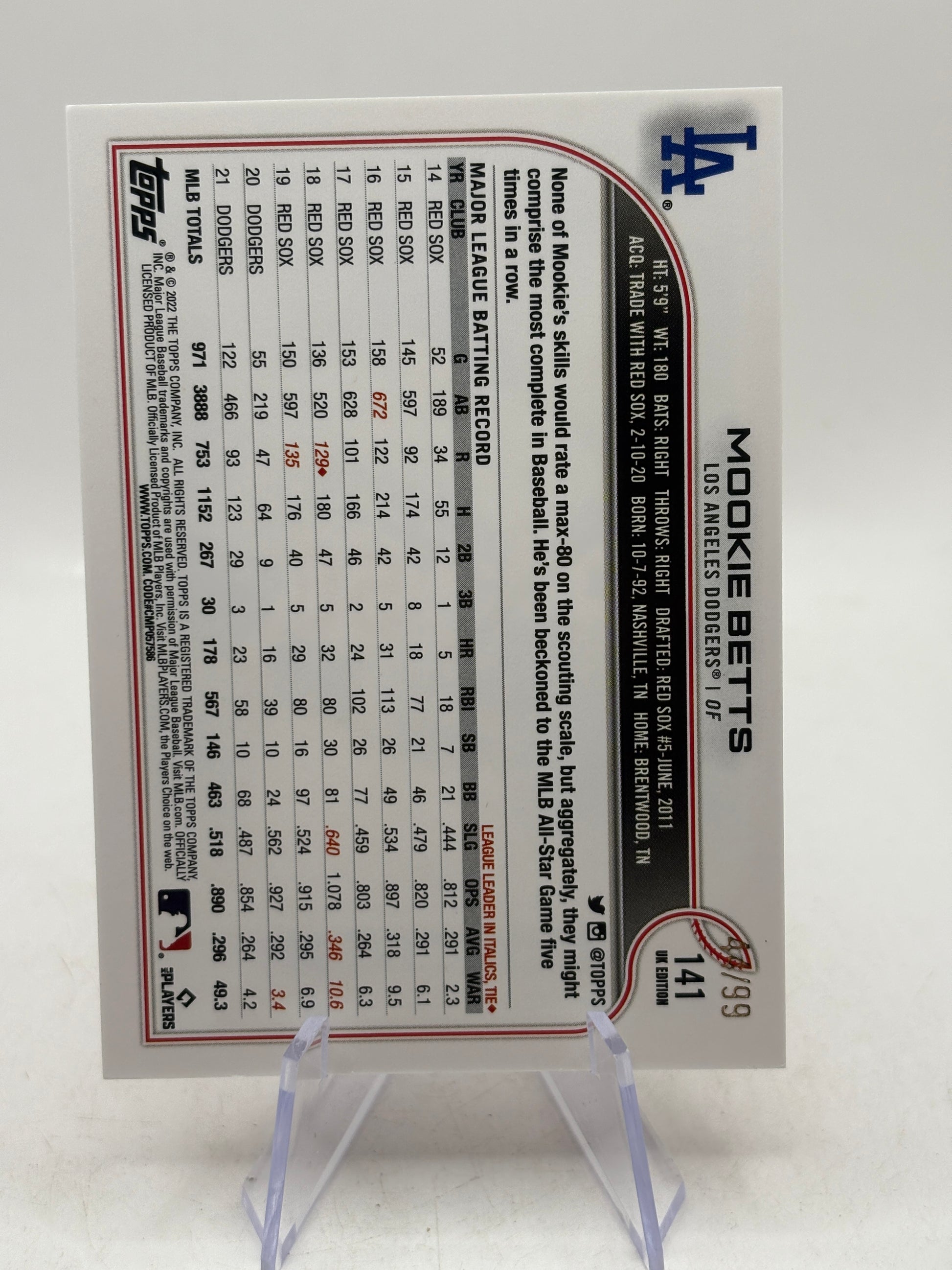 2022 Topps MLB - #141 Mookie Betts UK Edition Red /99