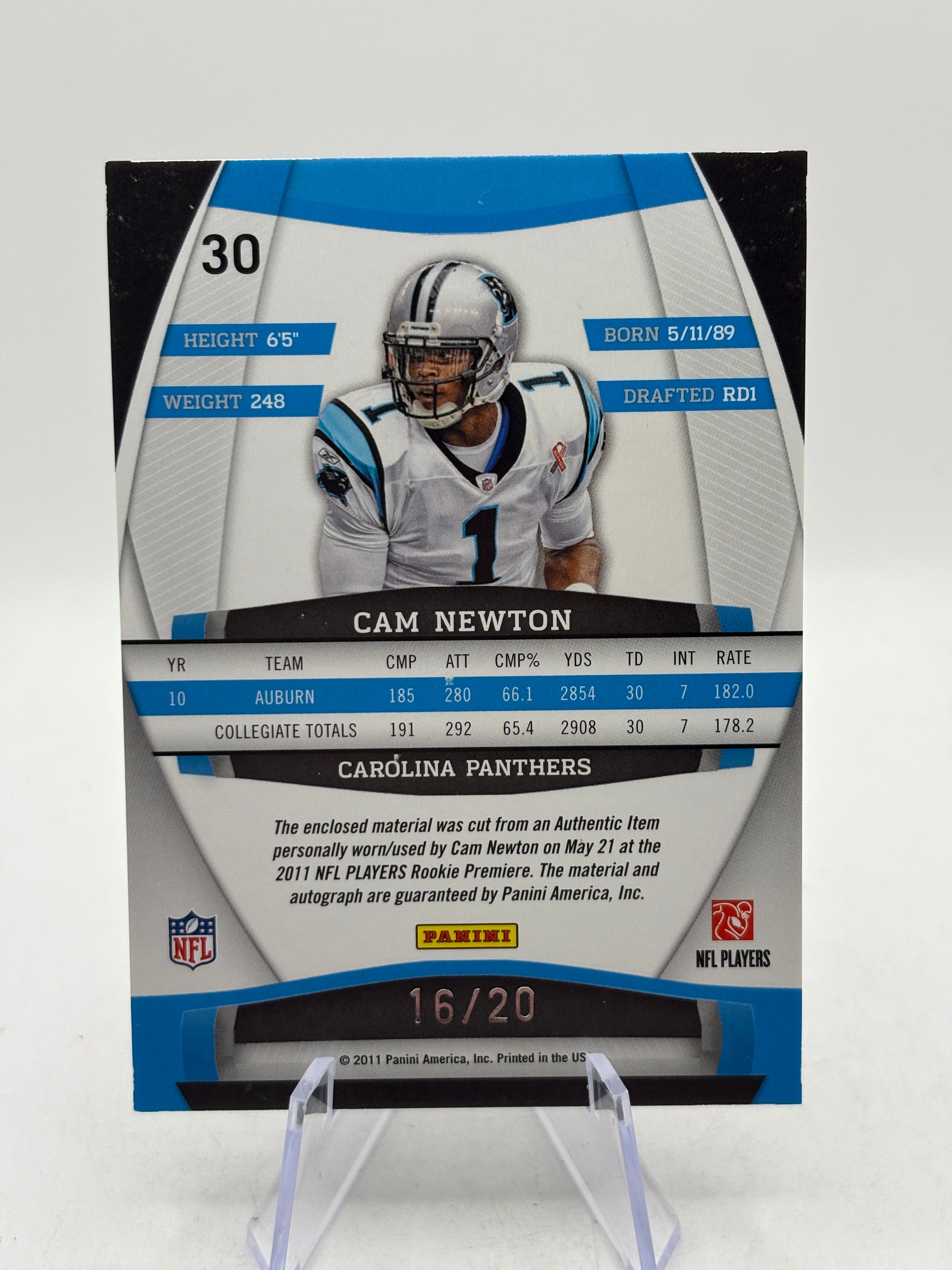 2011 Panini Gridiron Gear - Cam Newtom Rookie Gridiron Gems 16/20 Auto