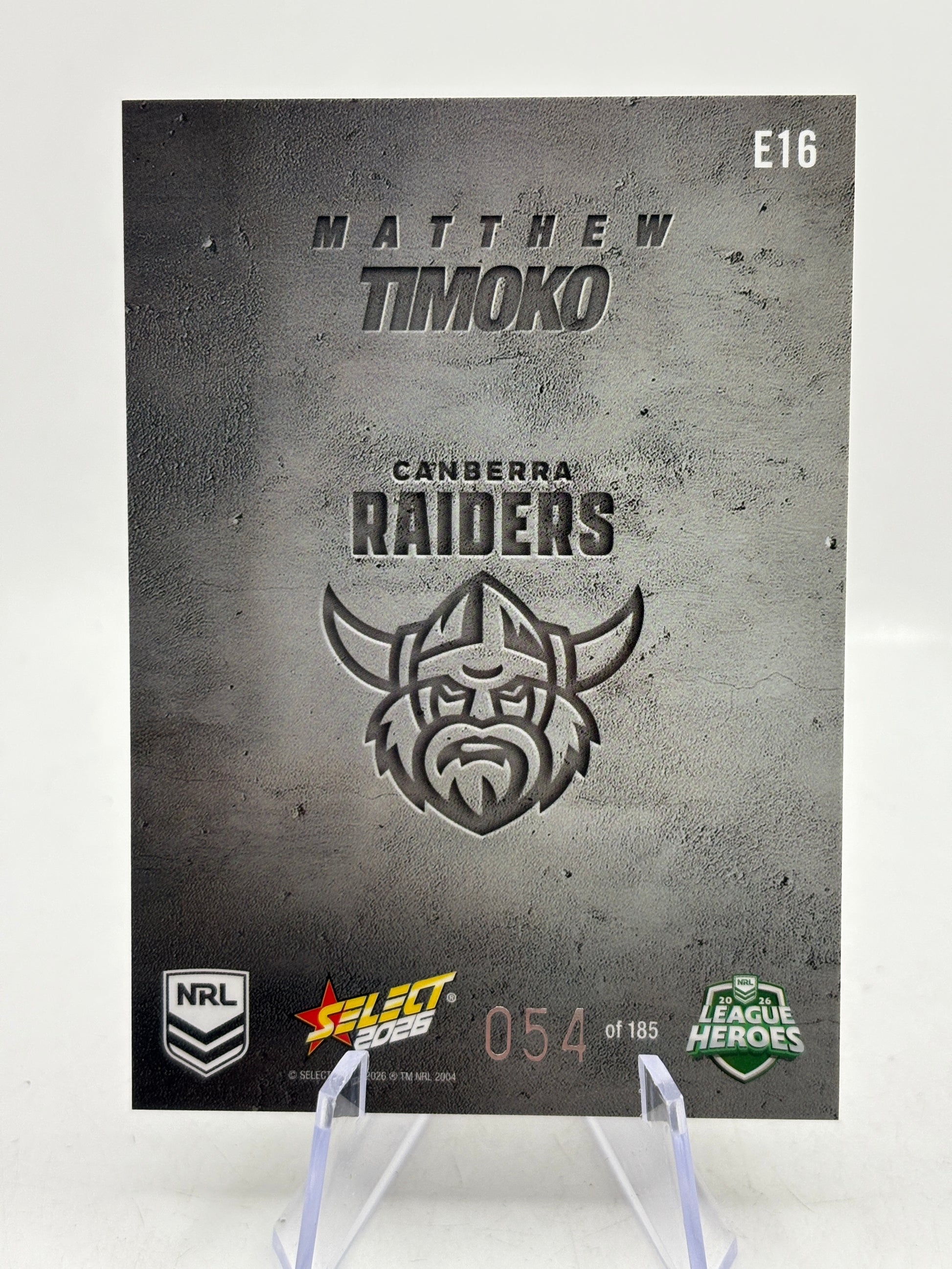 2026 Select NRL - Etched E16 Matthew Timoko 054/185 Raiders