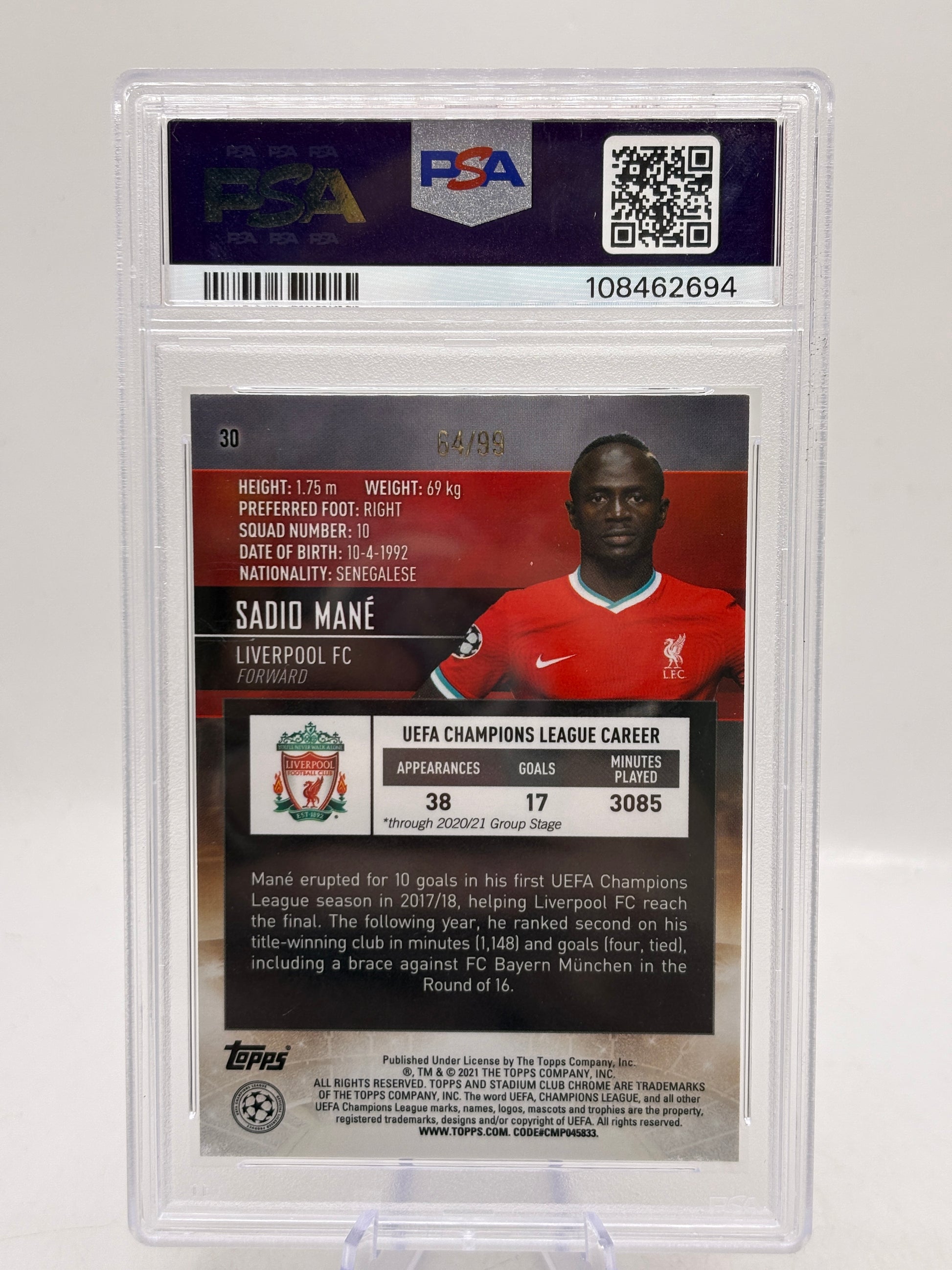 2020-21 Stadium Club Chrome UCL - Sadio Mane Green Refractor /99 PSA 9 image 2