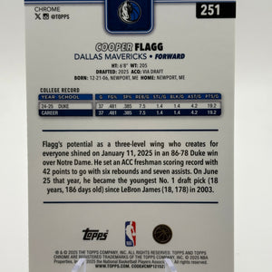 2025-26 NBA Topps Chrome Cooper Flagg RC Dallas Mavericks Base Rookie #251 FRENLY BRICKS - Open 7 Days