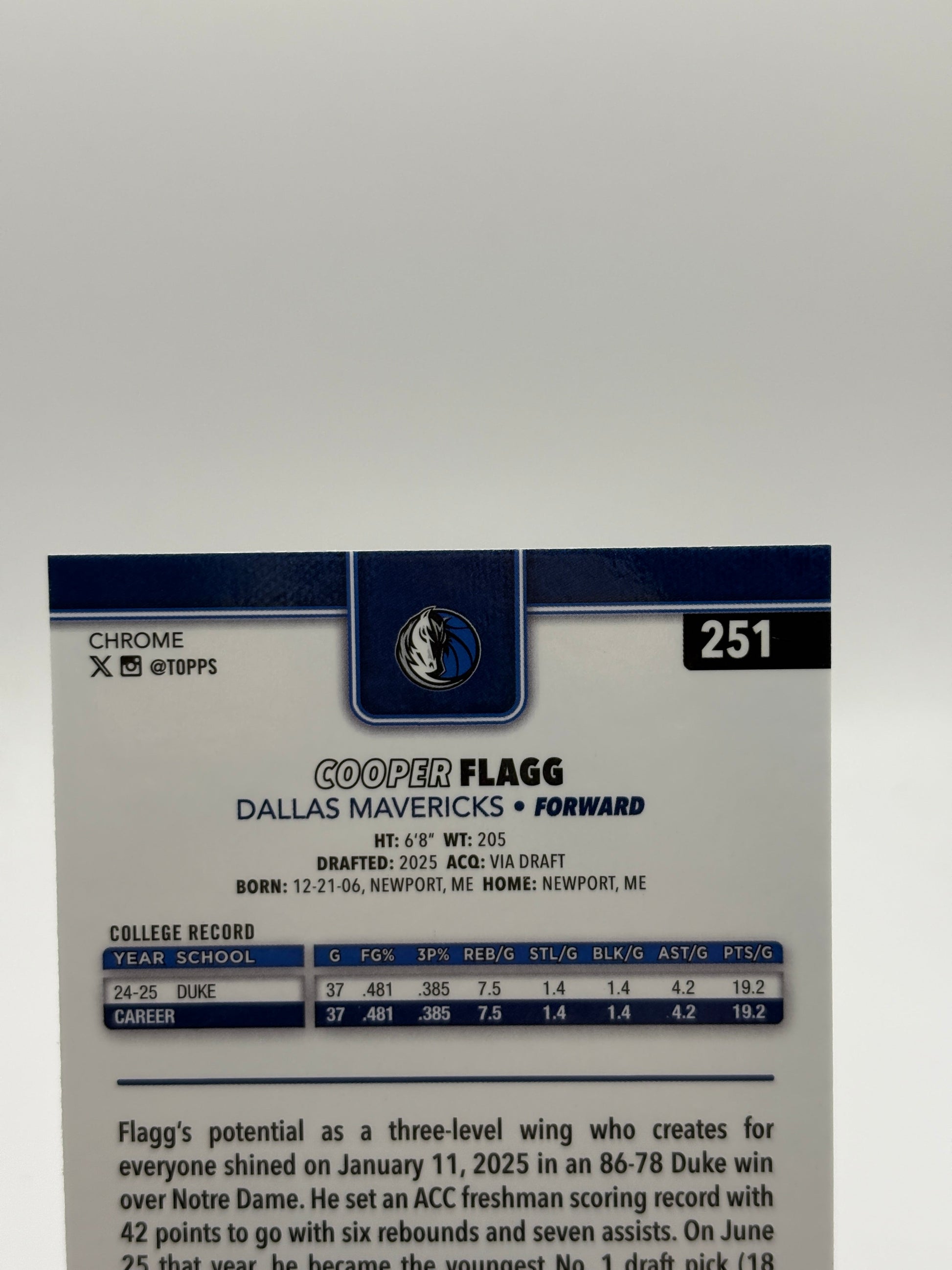 2025-26 NBA Topps Chrome Cooper Flagg RC Dallas Mavericks Base Rookie #251 FRENLY BRICKS - Open 7 Days