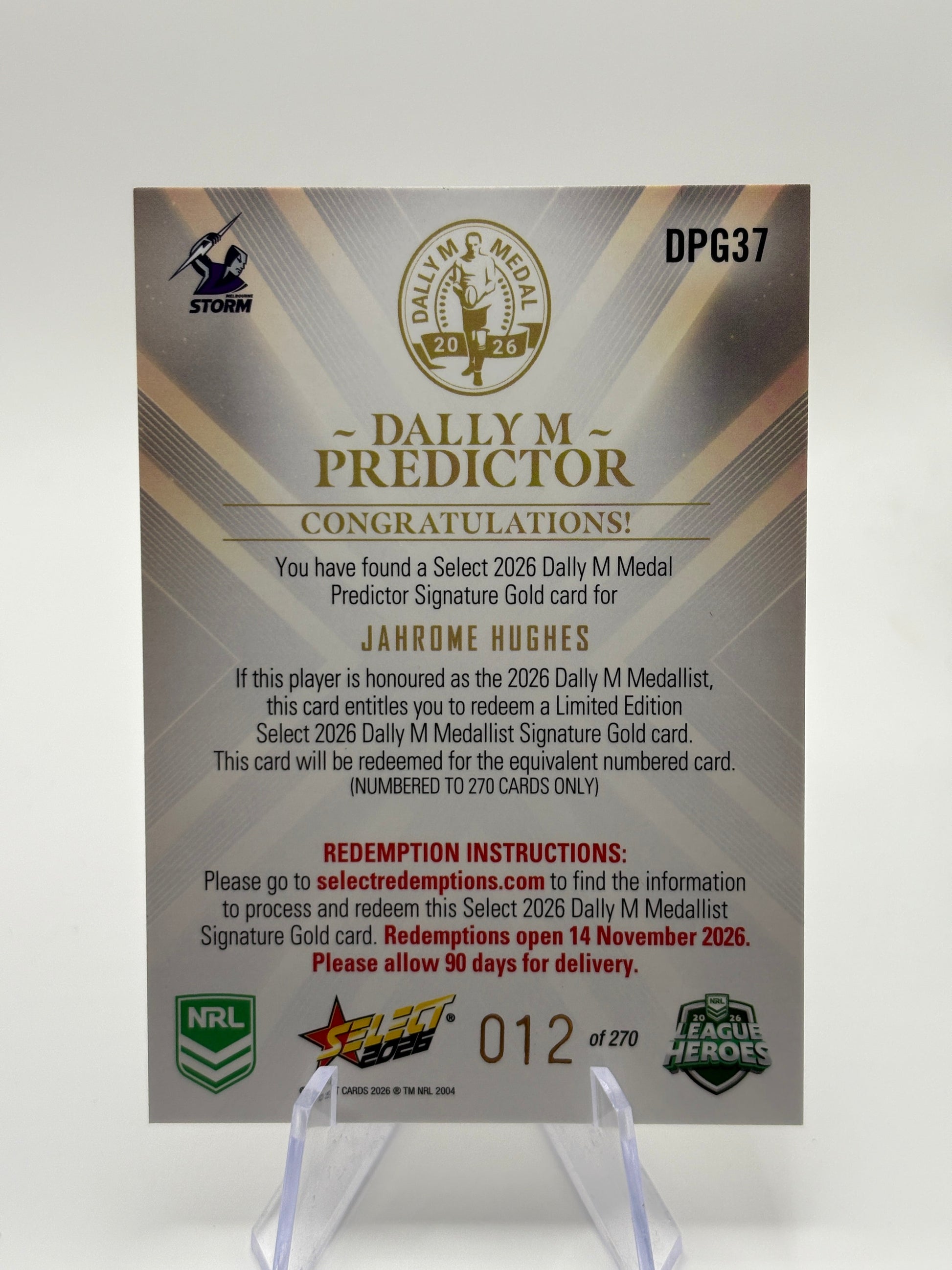 2026 NRL Select League Heroes Dally M Gold Predictor Jahrome Hughes Storm #12 FRENLY BRICKS - Open 7 Days