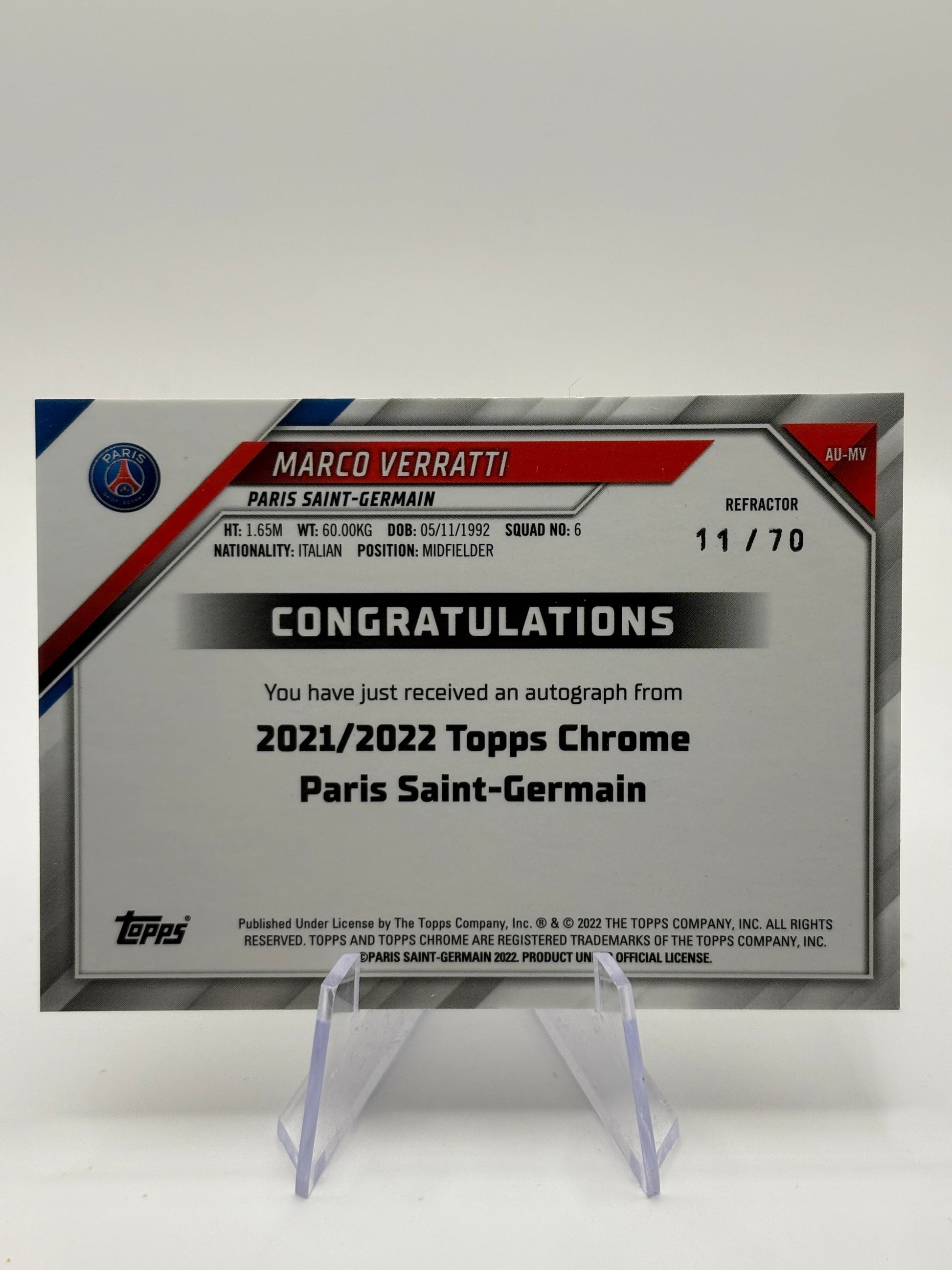 Marco Verratti 2021/22 Topps Chrome PSG Team Set Auto /70 FRENLY BRICKS - Open 7 Days