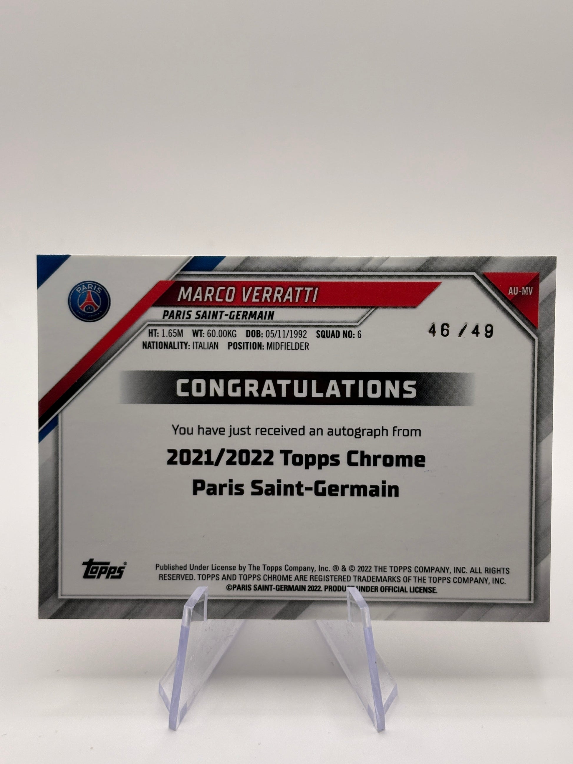 2021-22 Chrome Paris Saint-Germain Wave Refractor /49 Marco Verratti Auto FRENLY BRICKS - Open 7 Days