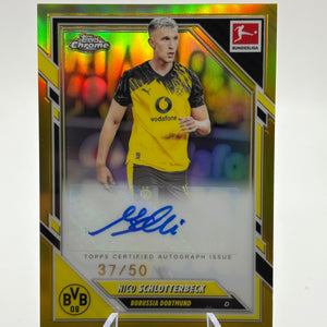 2025-26 Chrome Bundesliga Base Gold Refractor /50 Nico Schlotterbeck Auto FRENLY BRICKS - Open 7 Days