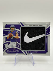 J.J. McCarthy 2024 Panini Immaculate #RJL-JMY Rookie Gloves Brand Logos /15 RC