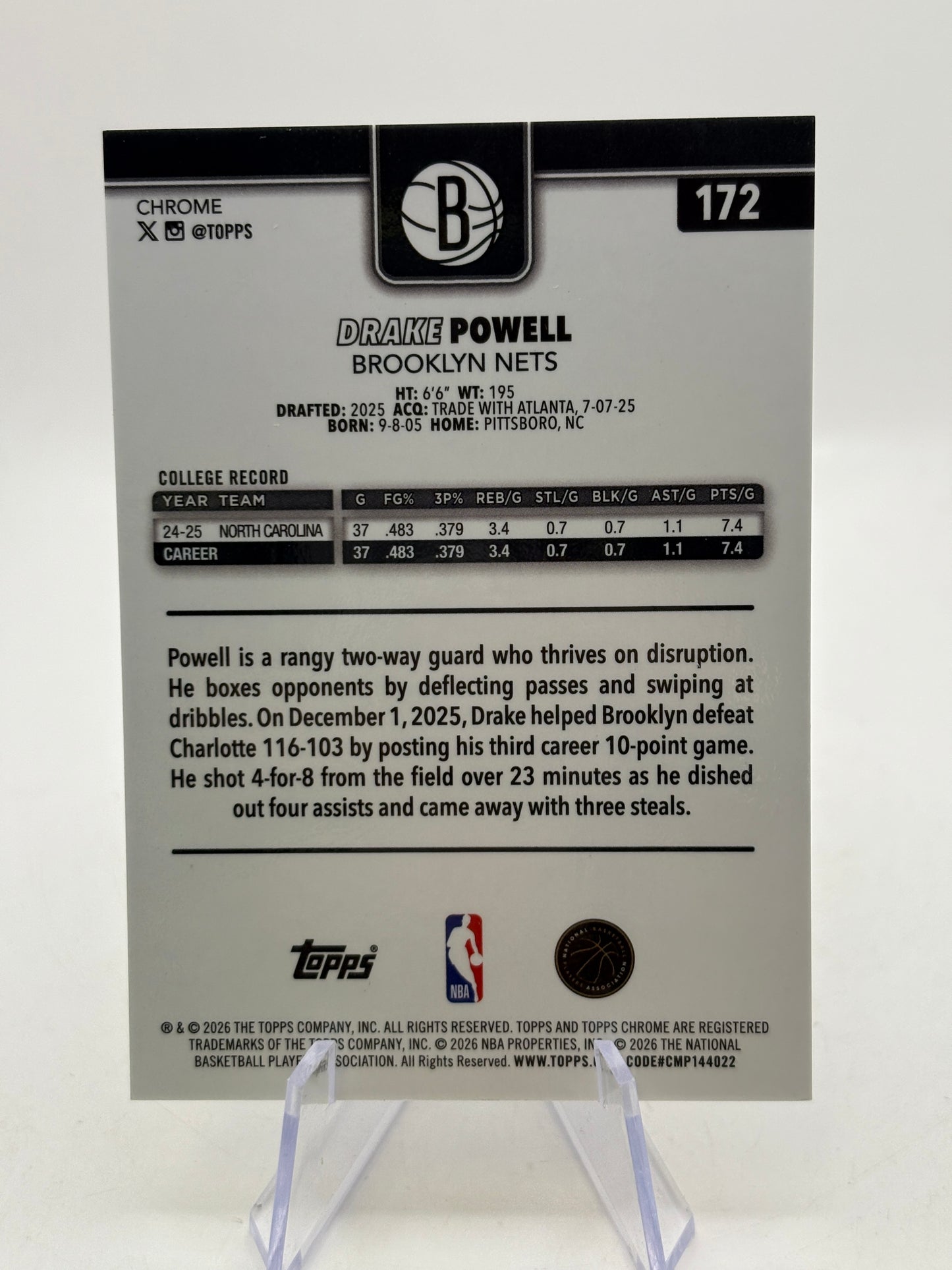 2026 Topps Chrome Update - Drake Powell #172 Gold Ray Wave Refractor /50 (RC)
