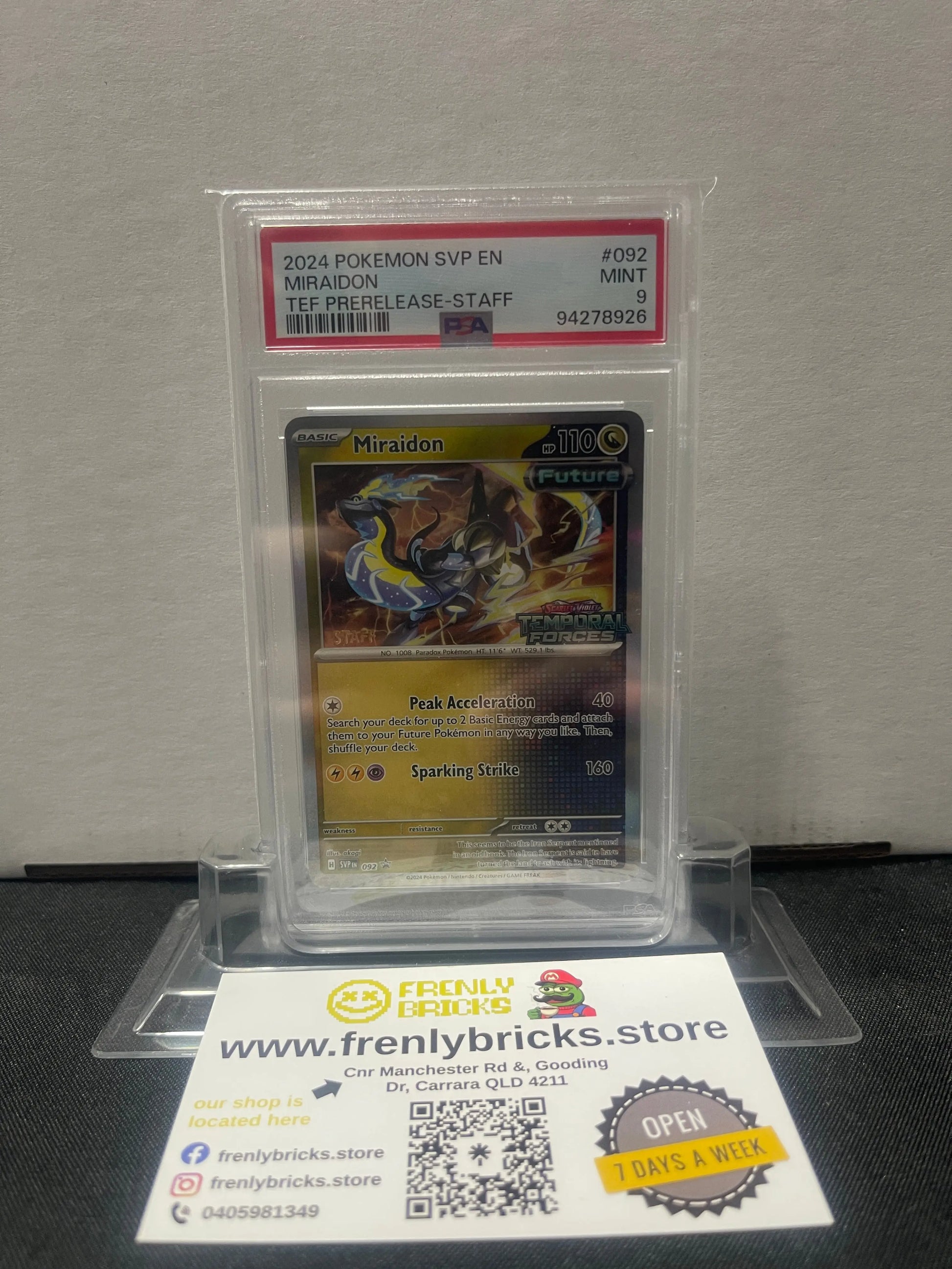 2024 Pokémon Miraidon SVP Temporal Forces Pre-Release STAFF PSA 9 MINT FRENLY BRICKS - Open 7 Days