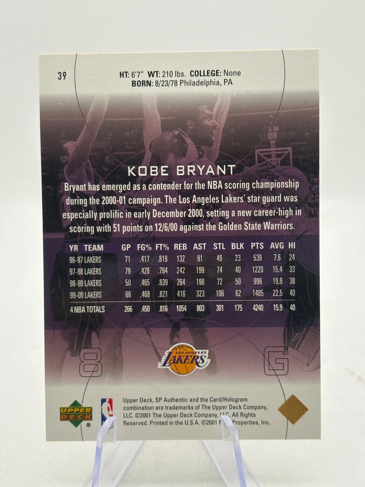 2001 Upper Deck #39 Kobe Bryant SP Authentic FRENLY BRICKS - Open 7 Days