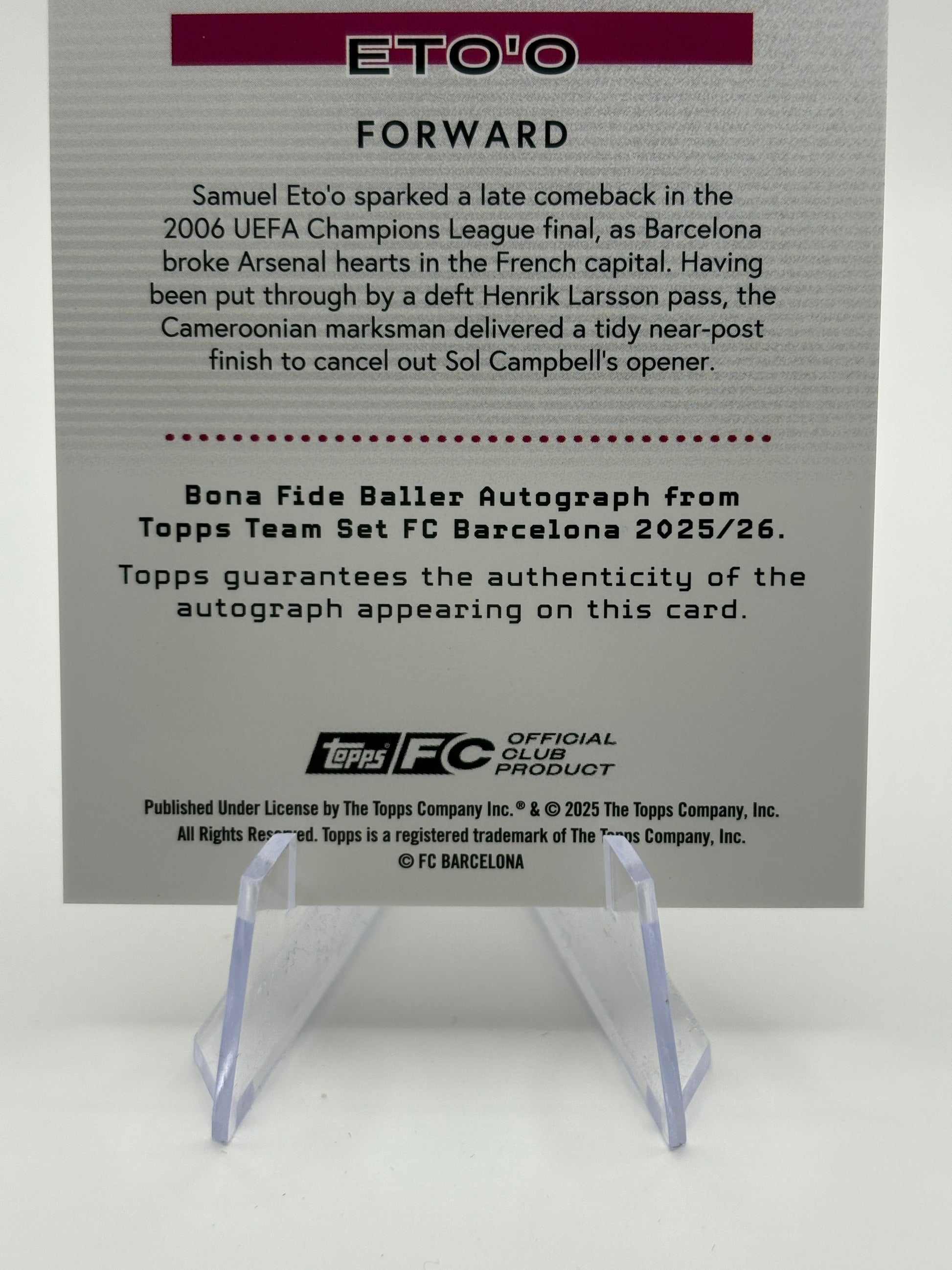 Samuel Eto’o Auto /99 Topps FC Barcelona 2025-26 Bona Fide Baller Autograph FRENLY BRICKS - Open 7 Days