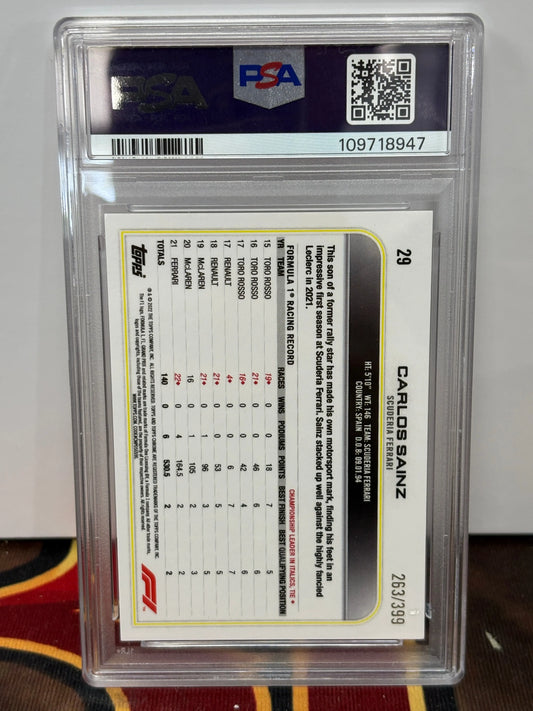 2022 Topps Chrome F1 Carlos Sainz Purple Refractor /399 PSA 9 FRENLY BRICKS - Open 7 Days