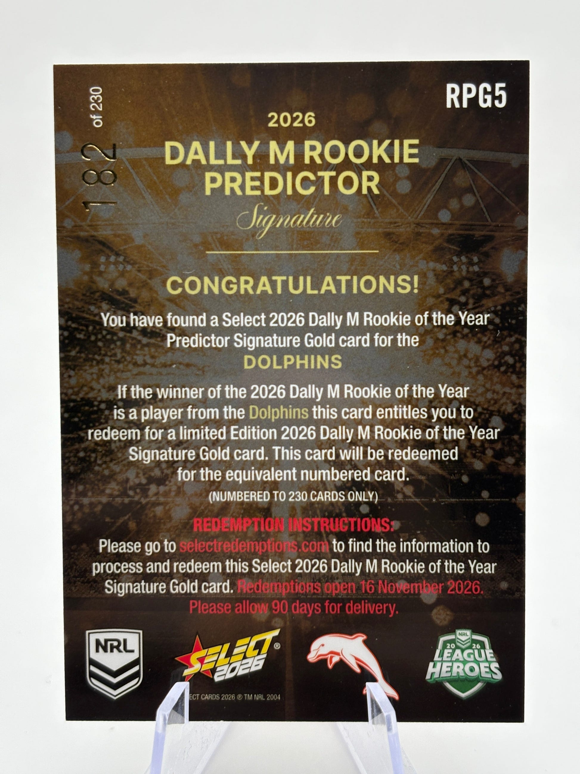 2026 SELECT NRL HEROES DALLY M ROOKIE OF THE YEAR PREDICTOR - DOLPHINS /230 FRENLY BRICKS - Open 7 Days image 2