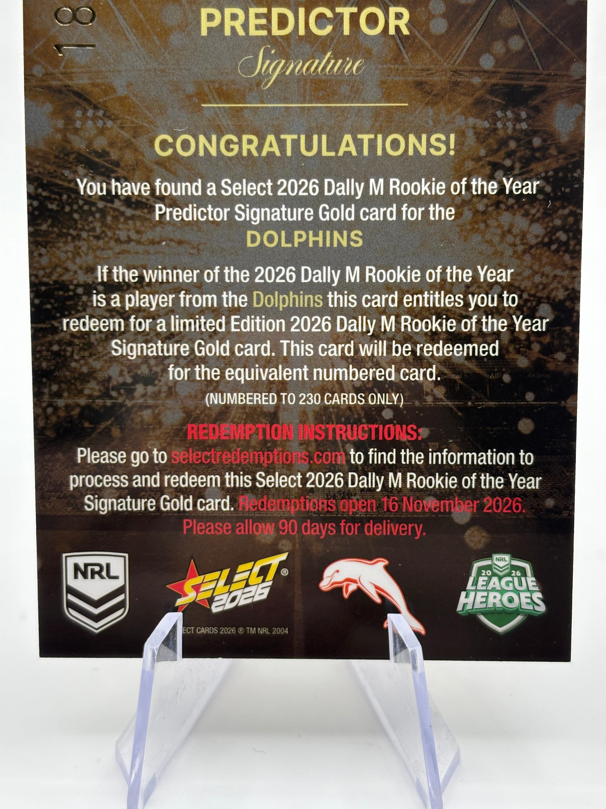 2026 SELECT NRL HEROES DALLY M ROOKIE OF THE YEAR PREDICTOR - DOLPHINS /230 FRENLY BRICKS - Open 7 Days image 4