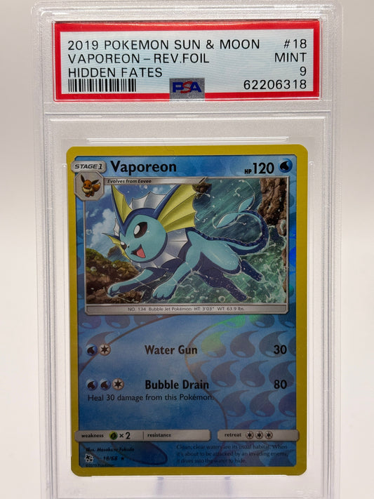 2019 Pokemon Sun & Moon Hidden Fates Vaporeon Reverse Foil #18 PSA 9 FRENLY BRICKS - Open 7 Days