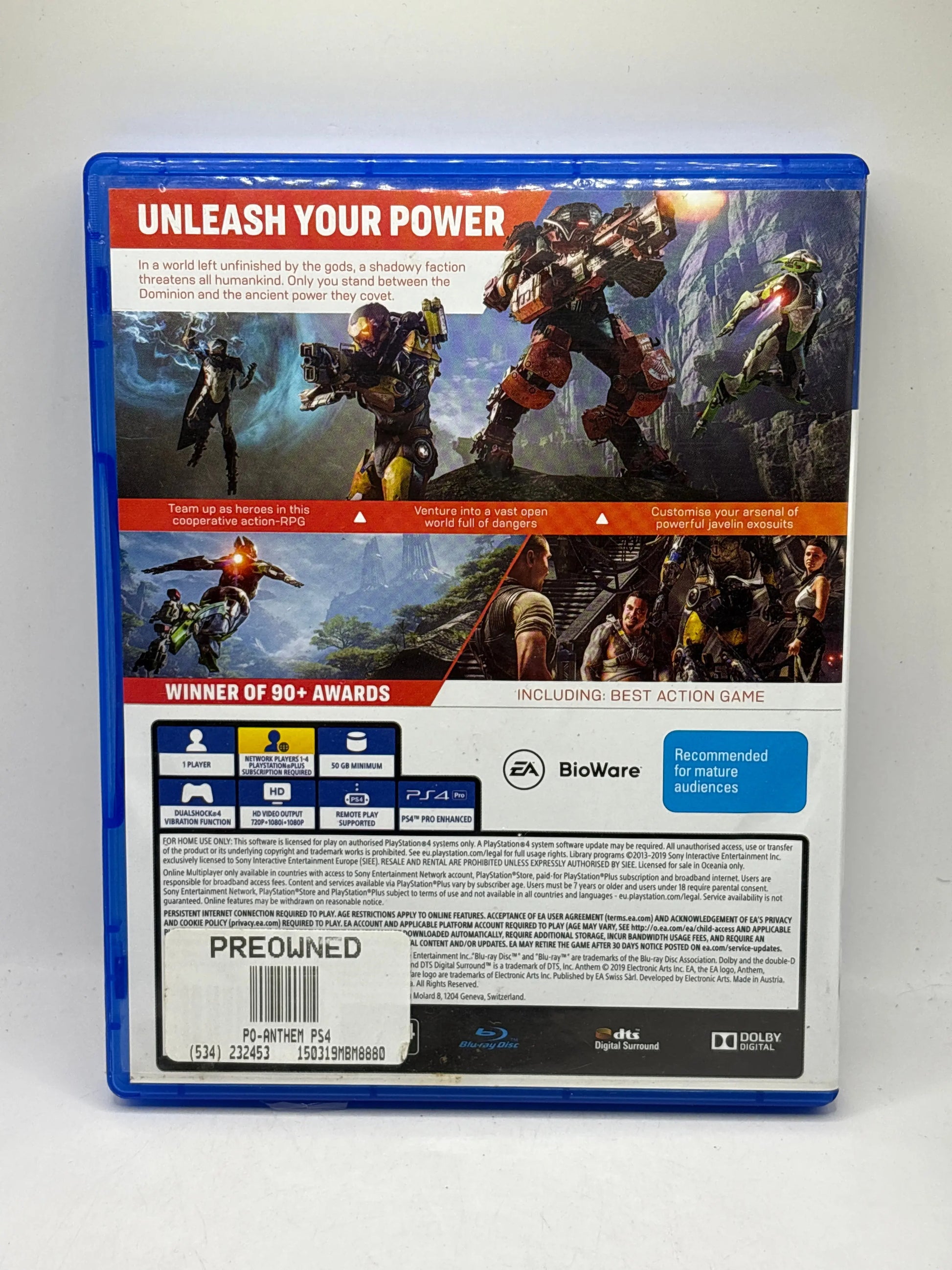 Sony Playstation 4 Anthem Video Game with Manual FRENLY BRICKS - Open 7 Days