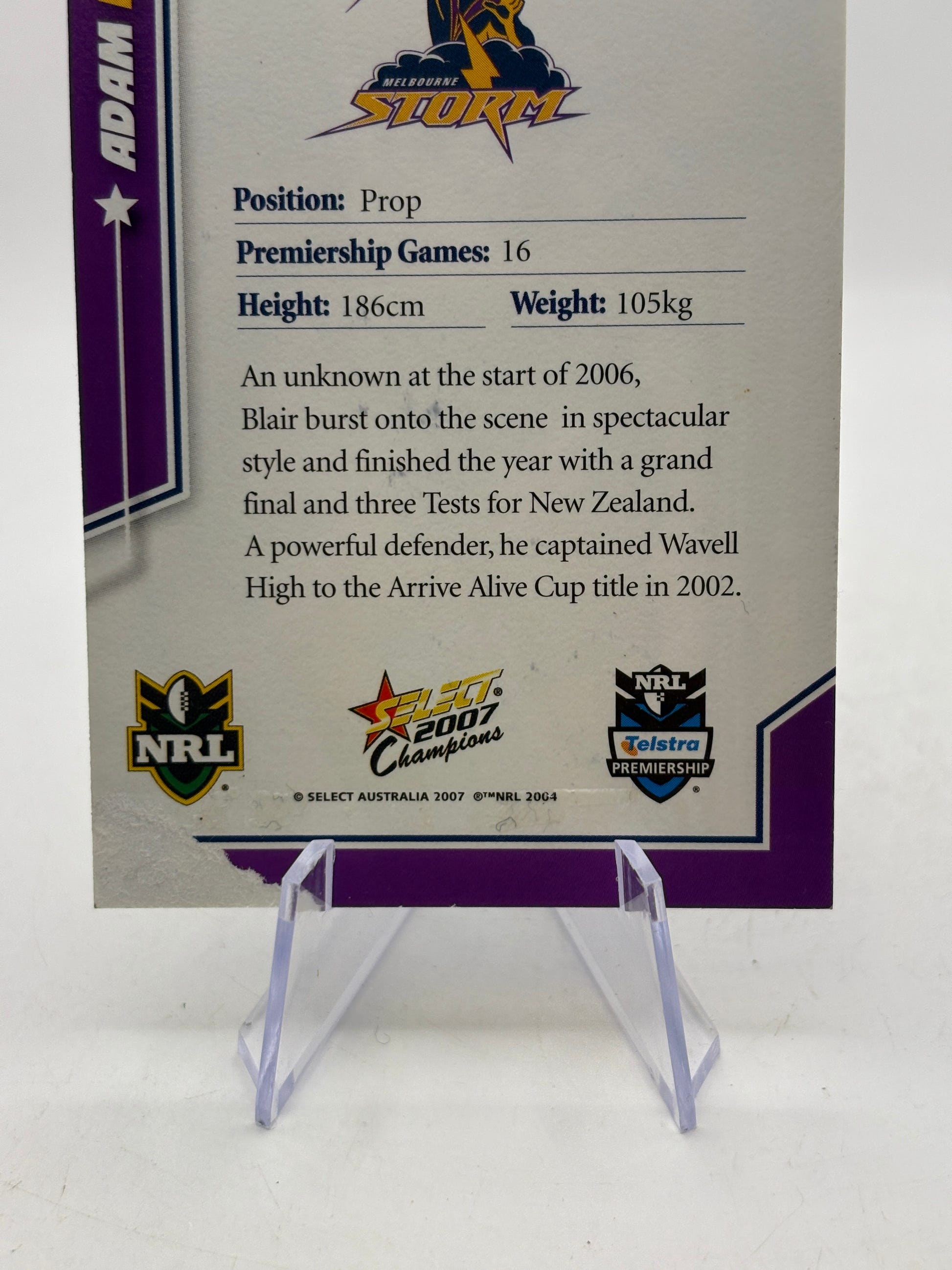 Select 2007 NRL Adam Blair Melbourne Storm on Card Auto image 4