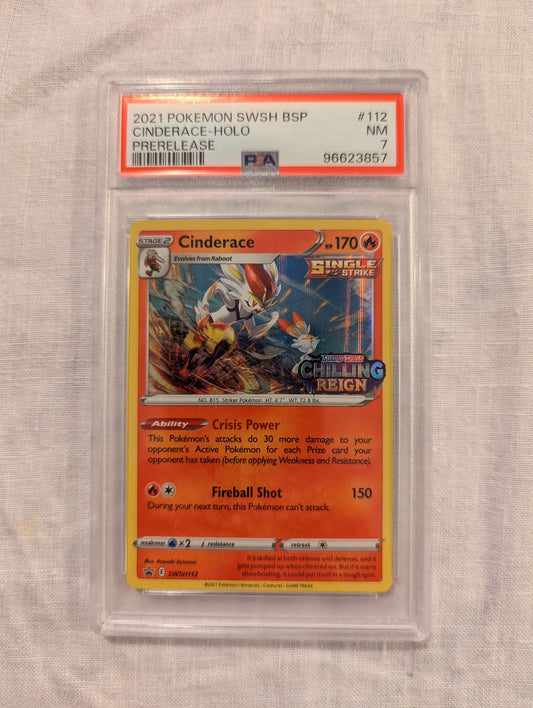 2021 Pokemon Cinderace HOLO #112 PSA 7 PRERELEASE FRENLY BRICKS - Open 7 Days