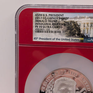 Equatorial Guinea 2017 Silver 1,000 Francos Donald Trump Inaugural Releases NGC Proof-70 UC (Red Frame Holder FRENLY BRICKS - Open 7 Days
