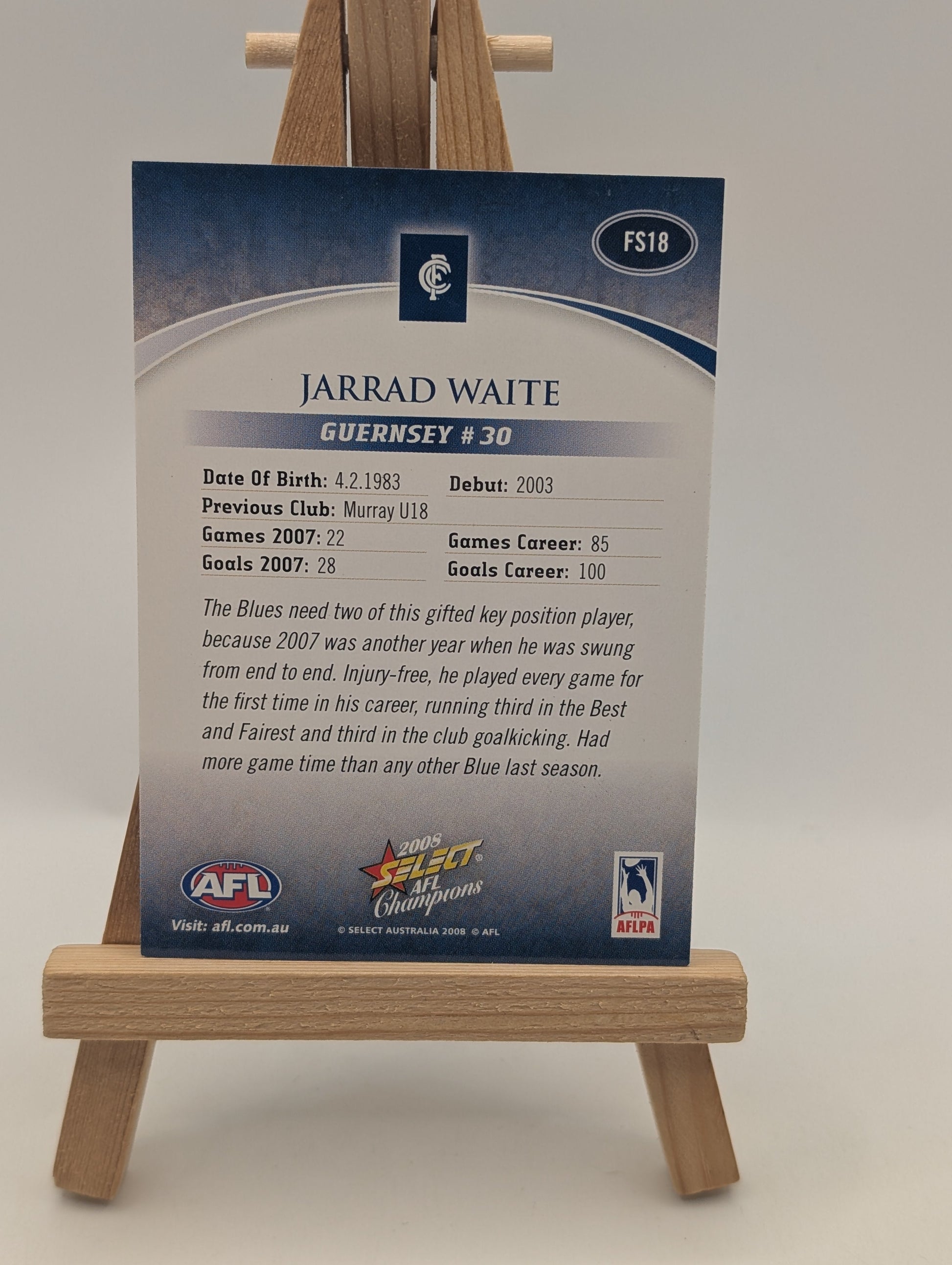 2008 AFL SELECT CHAMPIONS BLUE FOIL SIGNATURE - FS18 Jarrad WAITE (CARLTON) FRENLY BRICKS - Open 7 Days