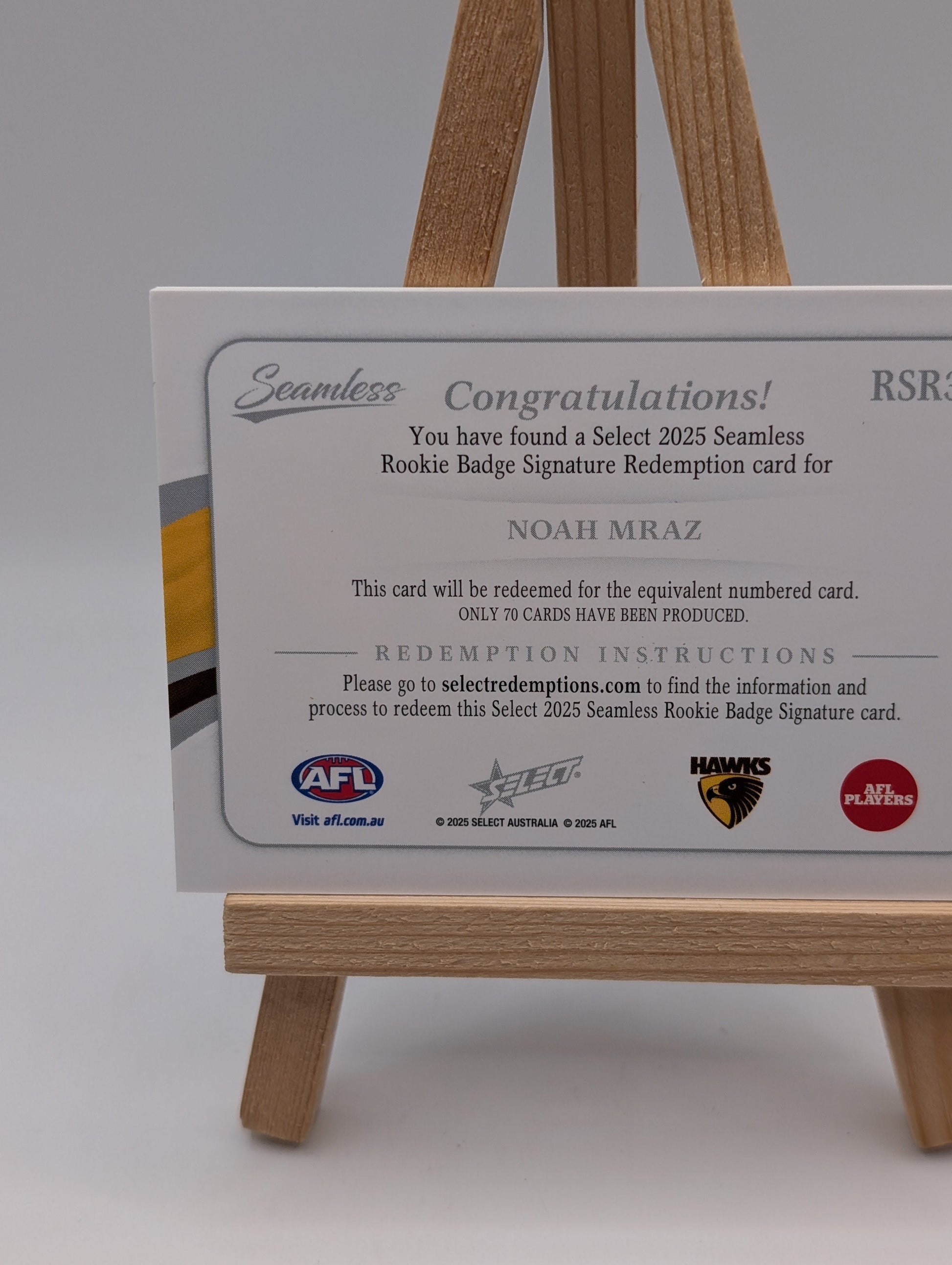 Noah Mraz Rookie Badge Signature Redemption Seamless AFL Select  /70 FRENLY BRICKS - Open 7 Days