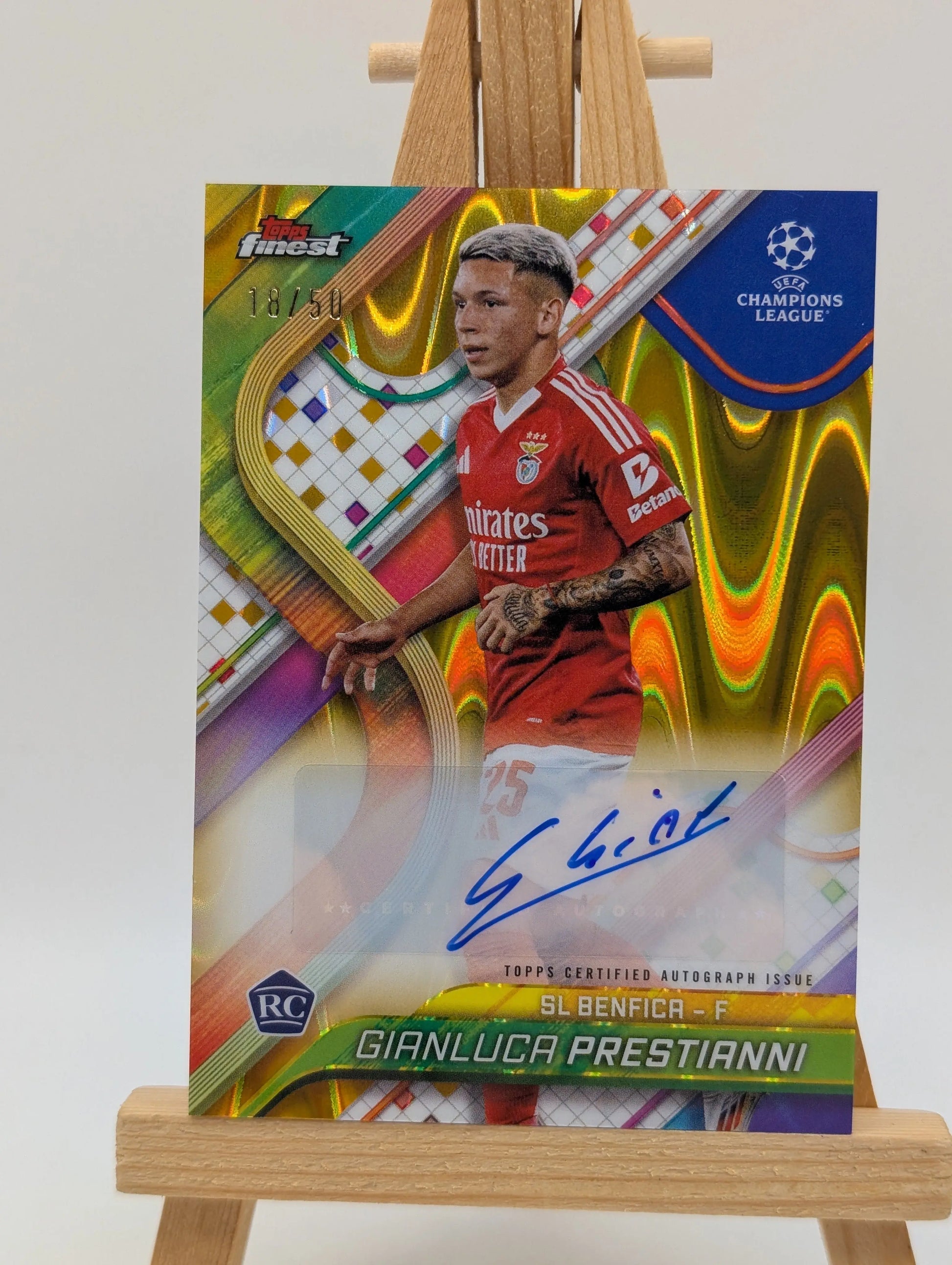 /50 Gianluca Prestianni 2024/25 Topps Finest UEFA Soccer RC Gold Ref. Auto FRENLY BRICKS - Open 7 Days