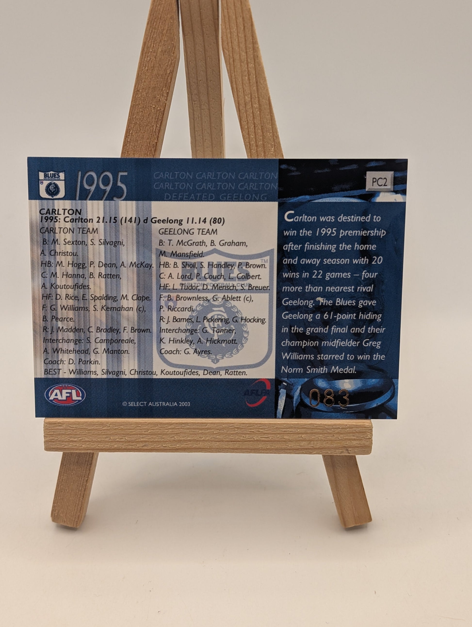 2003 Select AFL XL Ultra AFL/VFL Premiership Commemorative PC2 Carlton 1995 FRENLY BRICKS - Open 7 Days