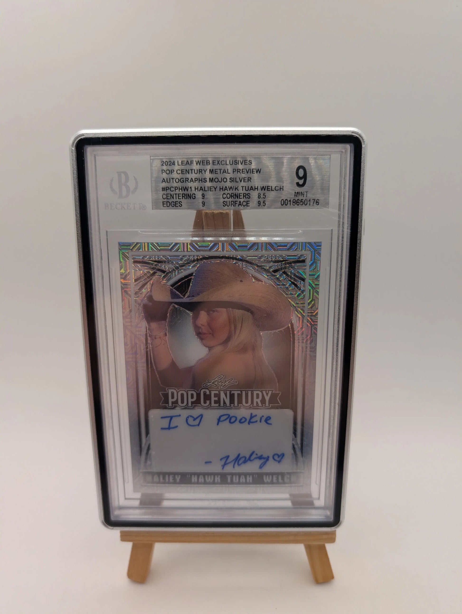 Haliey "Hawk Tuah" Welch 2024 Leaf #HW1 Kaleido Silver /30 Auto BGS 9 FRENLY BRICKS - Open 7 Days