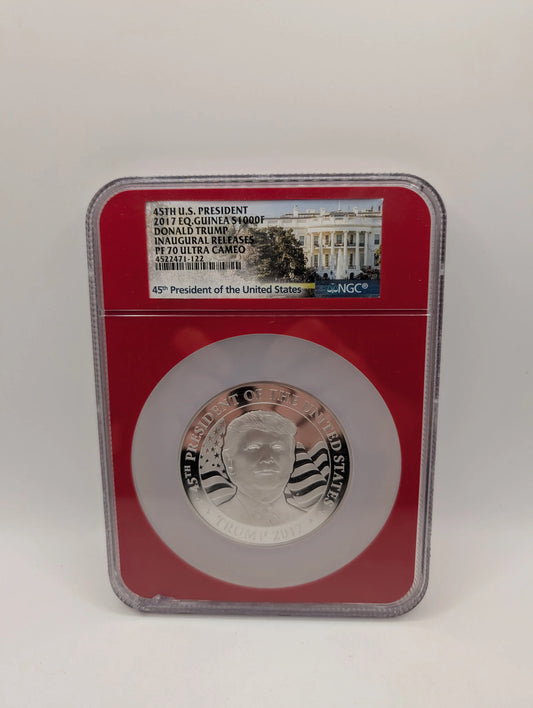 Equatorial Guinea 2017 Silver 1,000 Francos Donald Trump Inaugural Releases NGC Proof-70 UC (Red Frame Holder FRENLY BRICKS - Open 7 Days