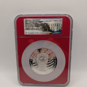 Equatorial Guinea 2017 Silver 1,000 Francos Donald Trump Inaugural Releases NGC Proof-70 UC (Red Frame Holder FRENLY BRICKS - Open 7 Days