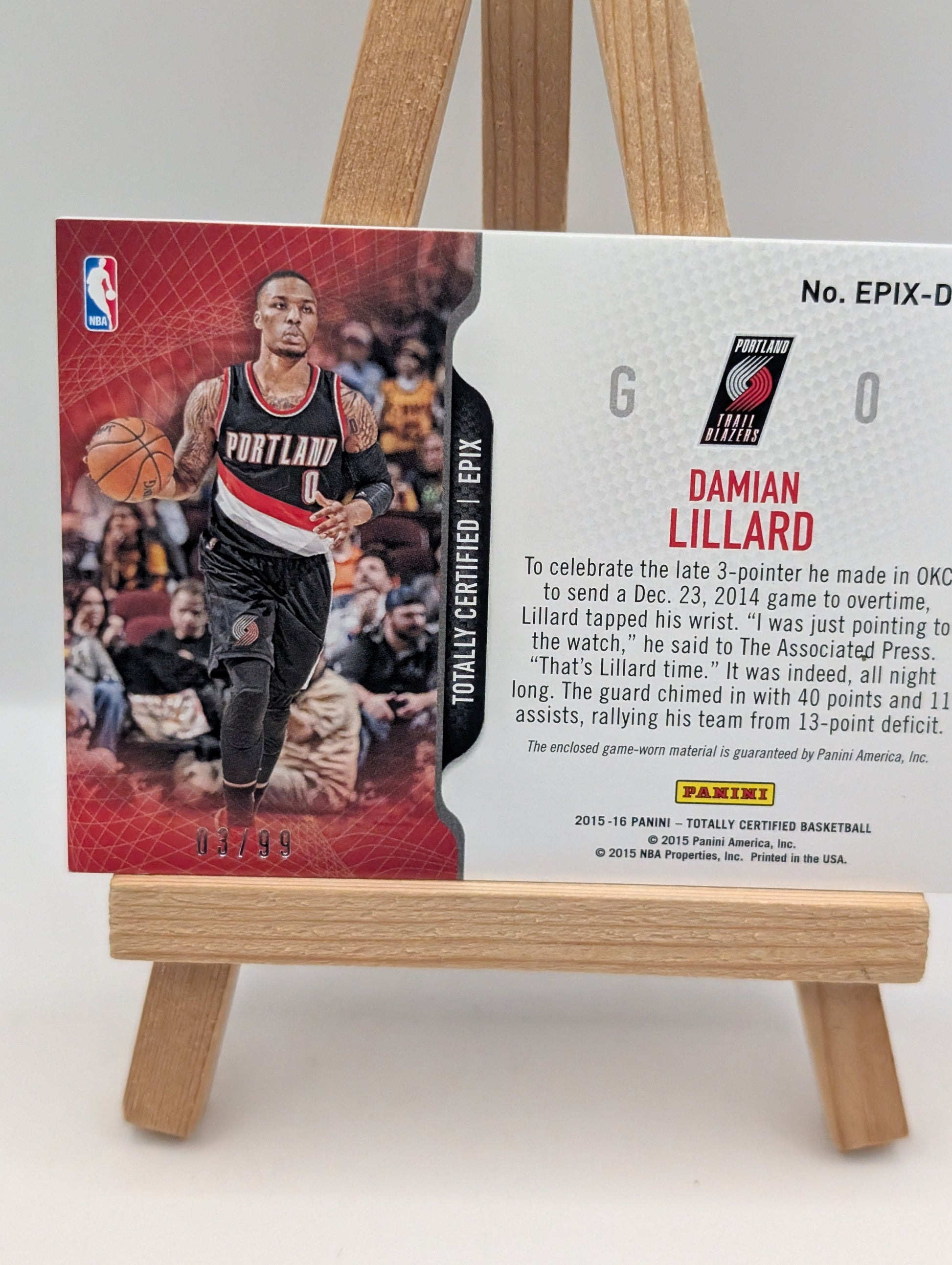 2015 Totally Certified EPIX Game Dual Memorabilia /99 Damian Lillard BLAZERS FRENLY BRICKS - Open 7 Days