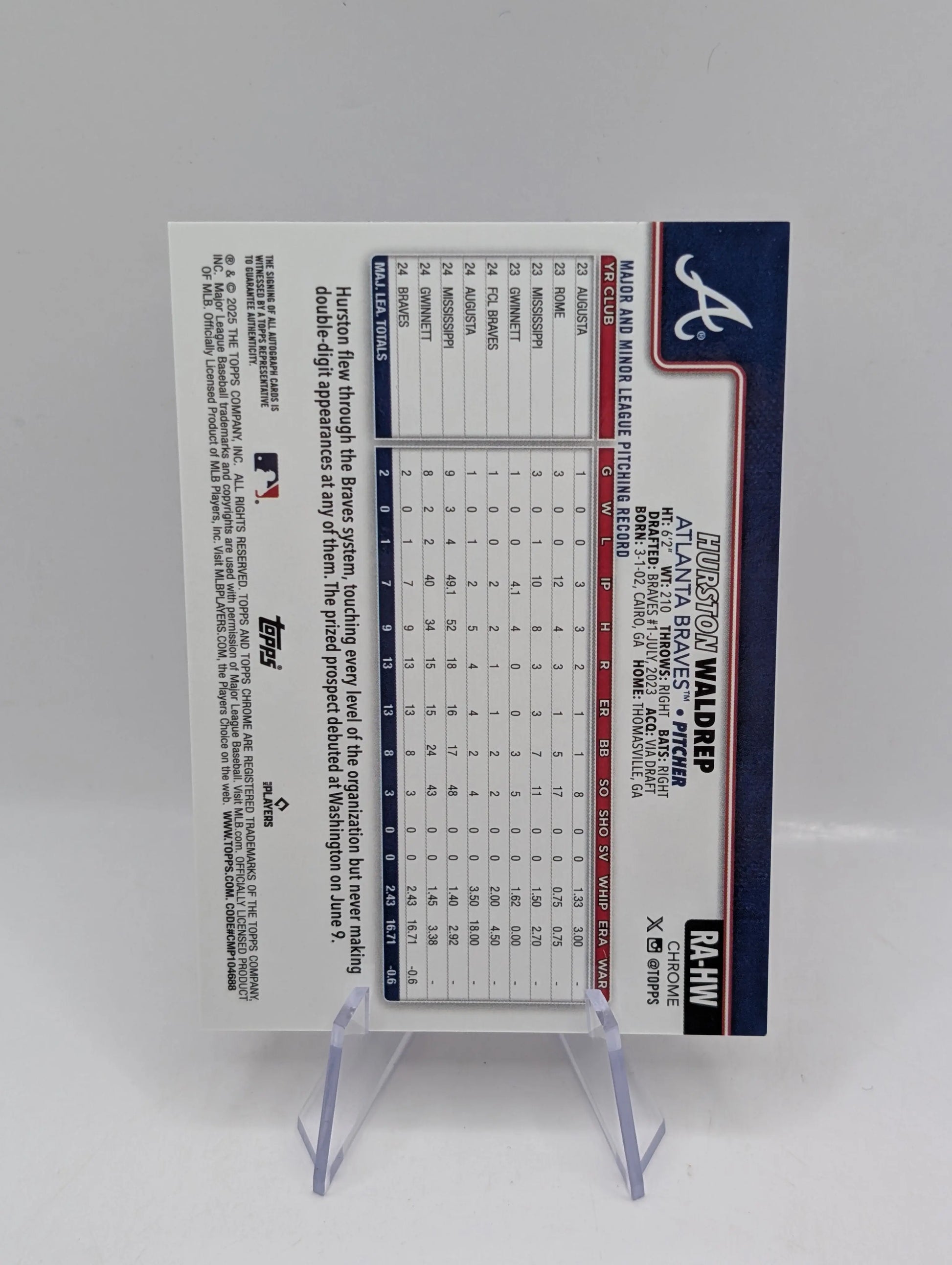 2025 Topps Chrome Baseball Hurston Waldrep Purple Speckle /299 Auto RC Braves FRENLY BRICKS - Open 7 Days