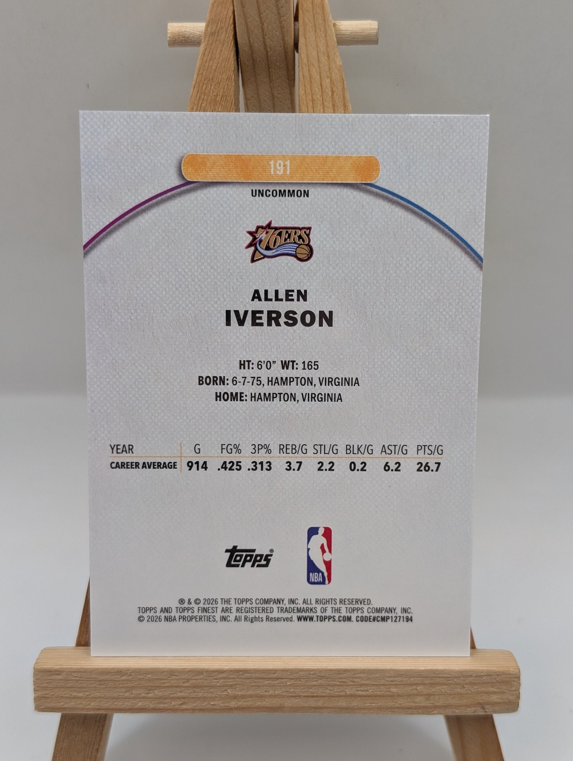 2025-26 Topps Finest Allen Iverson #191 Uncommon Gold Refractor /25 FRENLY BRICKS - Open 7 Days