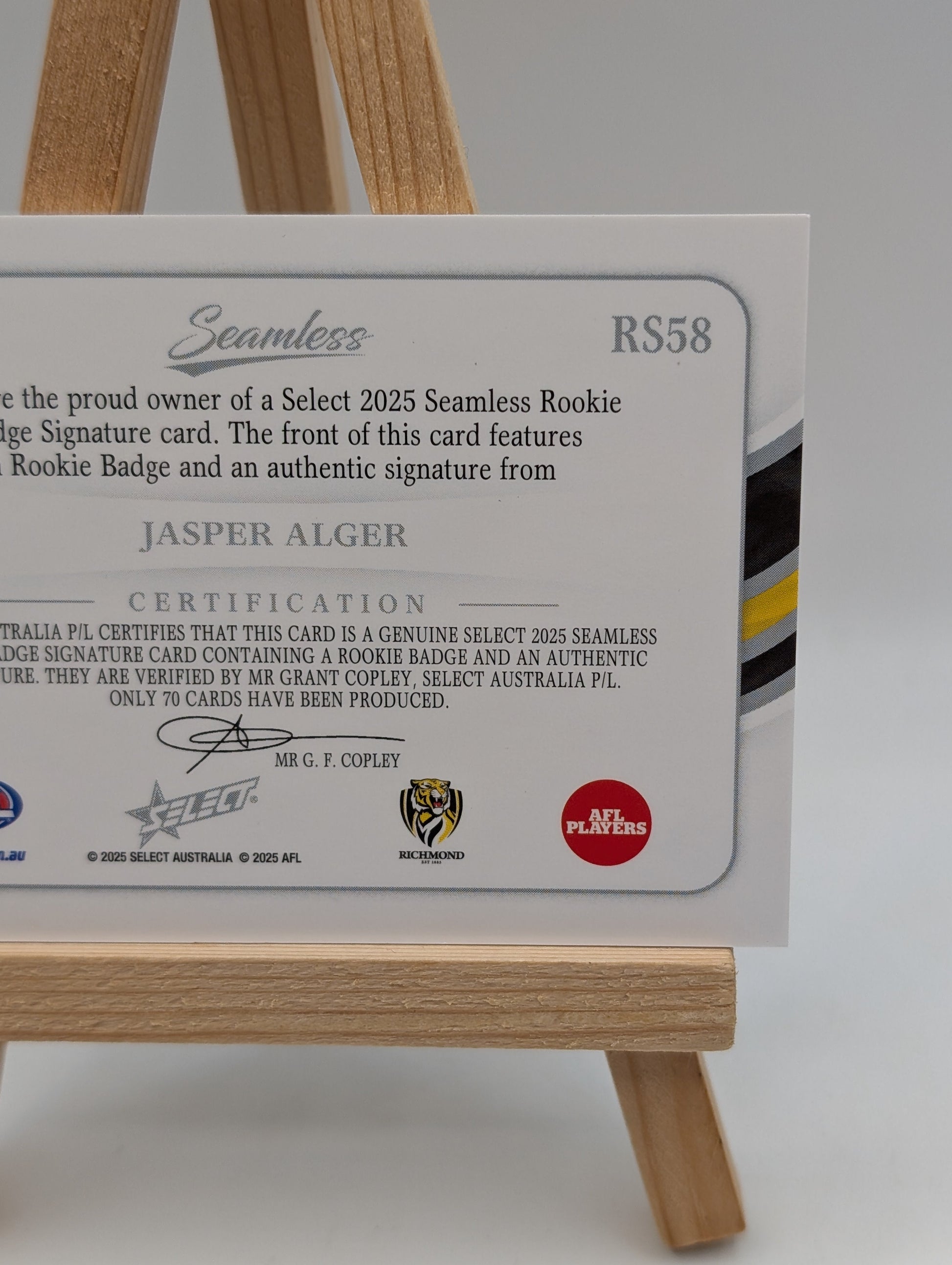 2025 Select Seamless Rookie Patch Signature JASPER ALGER /70 Richmond Tigers FRENLY BRICKS - Open 7 Days